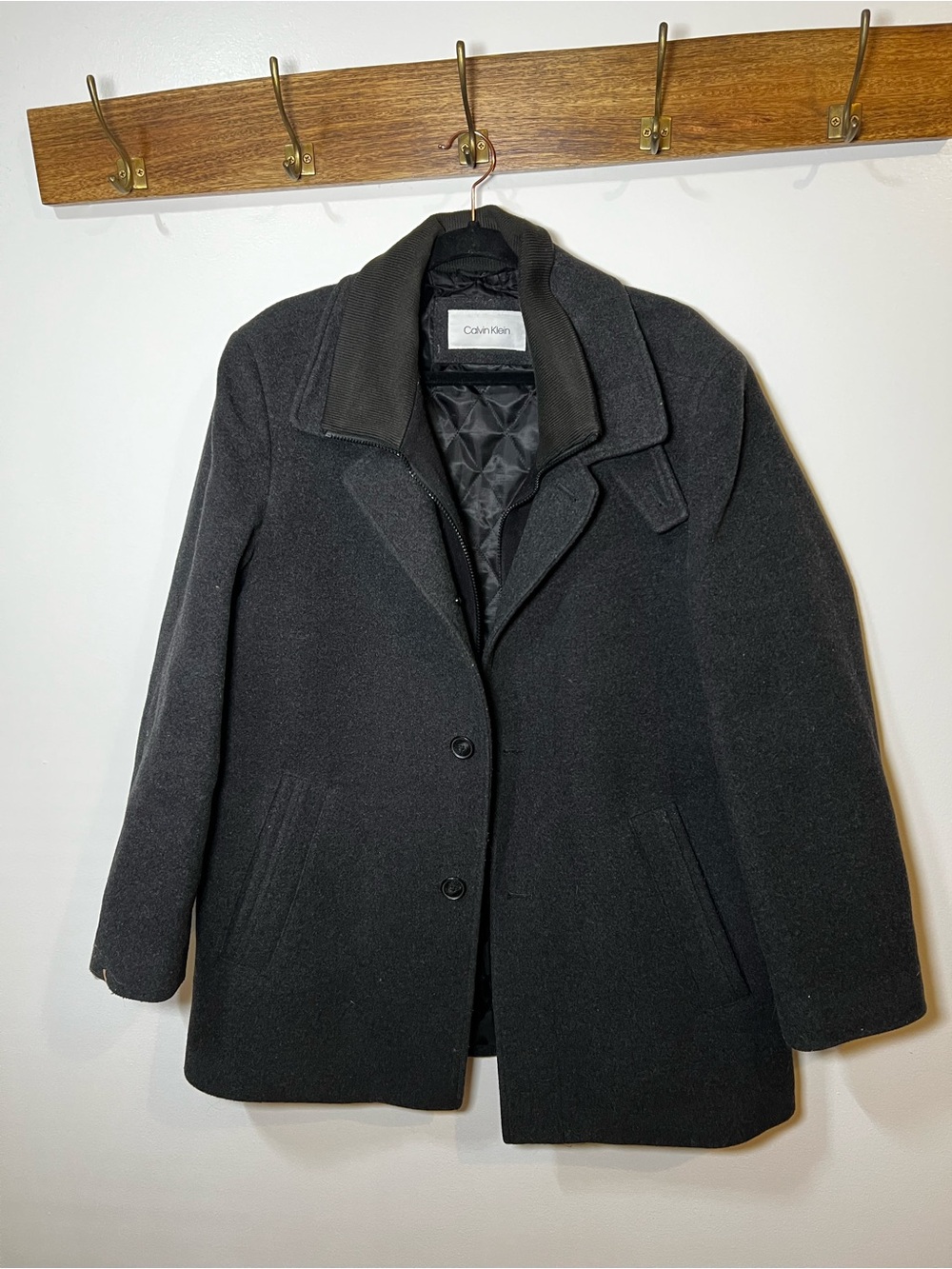 Calvin Klein Black Wool Peacoat with Quilted Lining